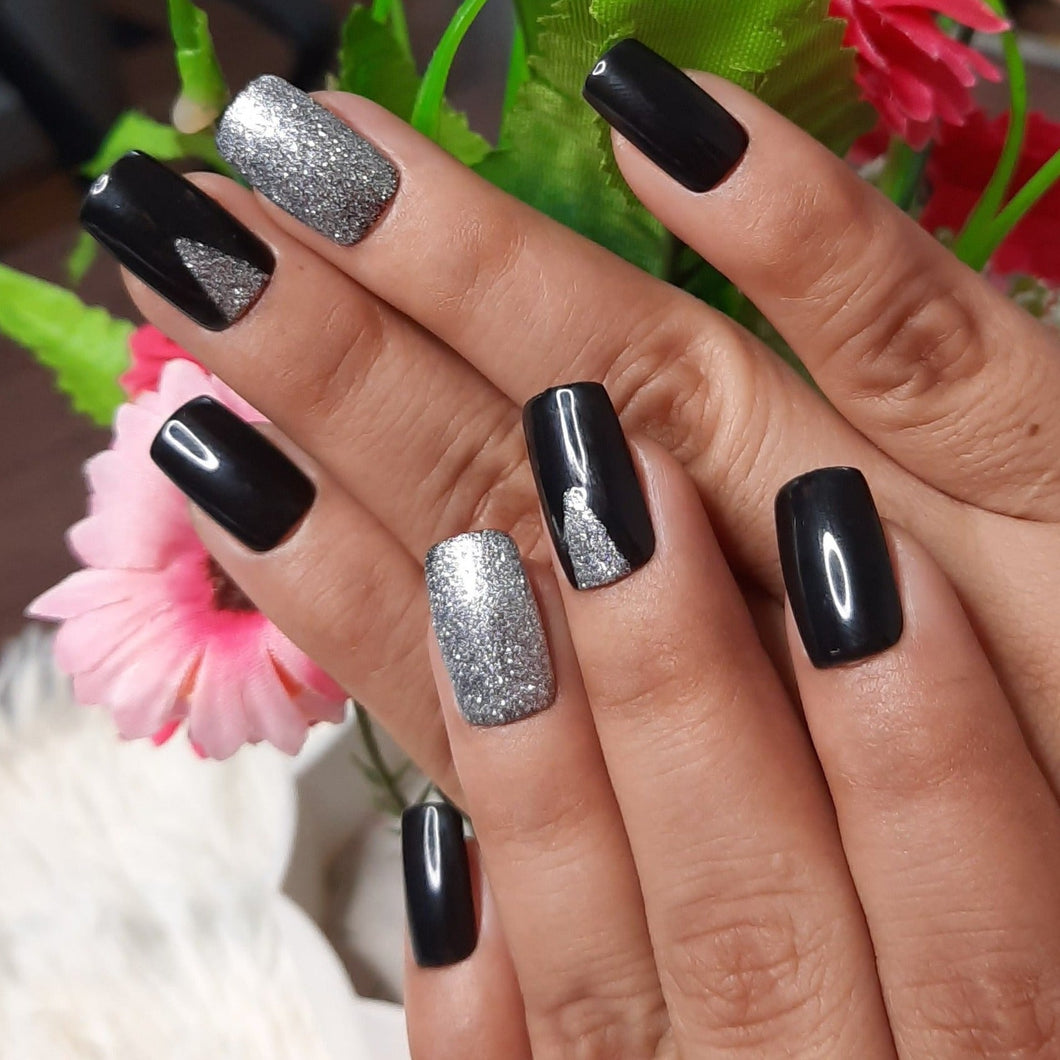 Black Glitter Glossy Medium Press On Nails #53